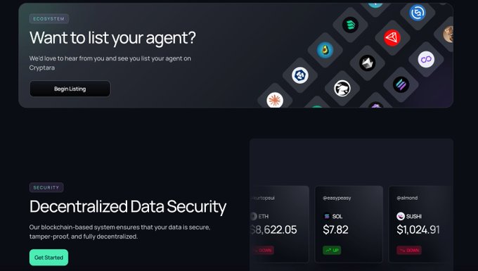 A dark-themed website screenshot promoting an AI agent marketplace on the Cryptara ecosystem, featuring sections on 'Decentralized Data Security' and crypto listings for ETH ($8,622.05), SOL ($7.82), and SUSHI ($1,024.91).