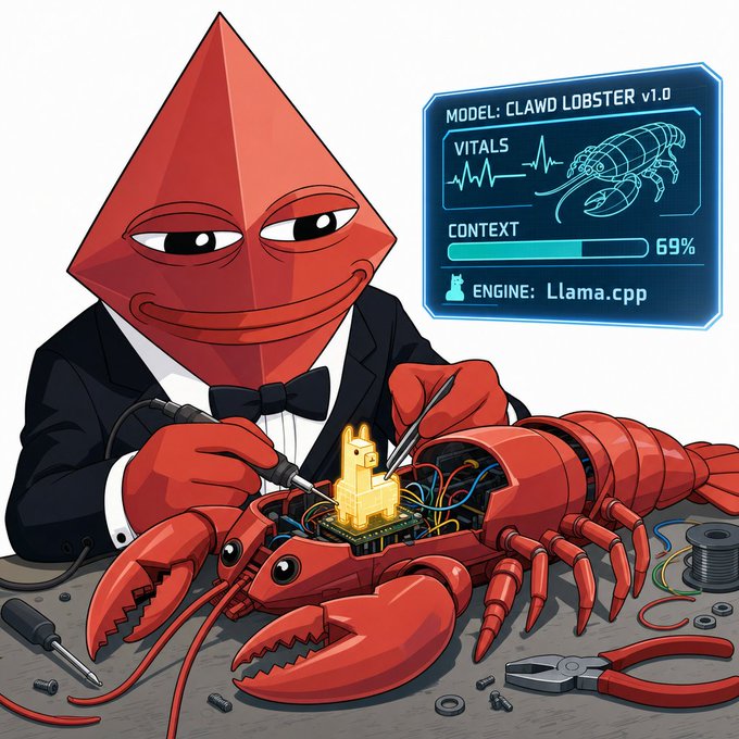 A cartoon red pyramid-headed figure in a tuxedo tweezers a glowing llama component into the exposed circuitry of a robotic lobster, with a HUD displaying "MODEL: CLAWD LOBSTER v1.0," "ENGINE: Llama.cpp," and "CONTEXT 69%." The image illustrates the post's announcement of a v0 "Clawd Lobster" agent running a local Ollama model with a self-reporting vitals dashboard, capturing the humorous "cooking" of an AI agent brain inside its robotic crustacean shell.