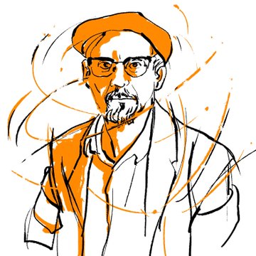 An orange and black sketch of a bearded man wearing a beret and glasses, drawn in a loose, expressive style.