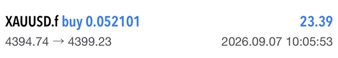 A trading interface shows a buy order for XAUUSD.f at 0.052101, priced from 4394.74 to 4399.23, with a profit of 23.39 at 2026.09.07 10:05:53.