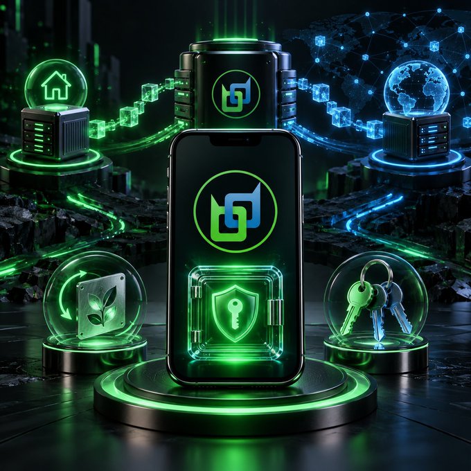 A 3D digital illustration centers on a smartphone displaying a green logo, surrounded by glowing icons representing security, blockchain networks, real estate, a globe, recycling, and keys.