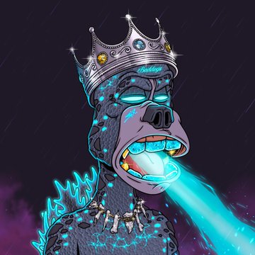 A digital illustration of a stylized gorilla wearing a jeweled crown and breathing blue fire, with small figures standing on its shoulder.