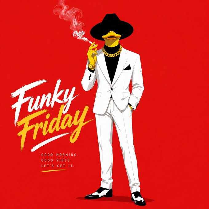 A stylish duck character wearing a white suit, black fedora, and gold chain smokes a cigarette against a bold red background, with "Funky Friday" written in white and yellow brushstroke text alongside the message "Good morning. Good vibes. Let's get it." — capturing the cool, confident vibe of a Funky Friday greeting.