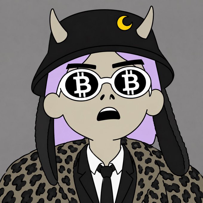 A cartoon character with purple hair, a horned black cap featuring a crescent moon, a leopard-print jacket, and Bitcoin-logo sunglasses looks surprised.