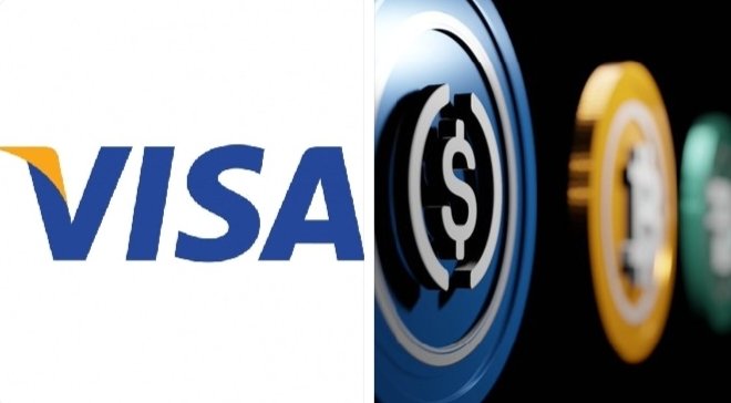 The image features the Visa logo on the left alongside a visual representation of various cryptocurrency tokens, including a Bitcoin (₿) and other digital coins. It illustrates Visa's stance on integrating stablecoins into payment systems, as the company highlights how AI agents will increasingly use these digital currencies for microtransactions under $1.