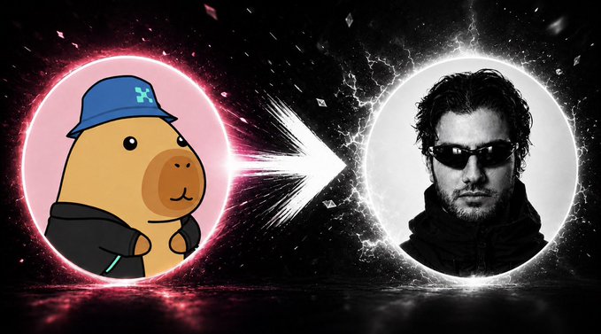 A meme showing a cartoon capybara on the left transforming via an arrow into a black-and-white portrait of a man wearing sunglasses on the right.