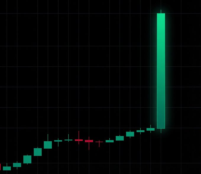 A financial candlestick chart with green and red candles showing a dramatic upward price movement on a dark background.