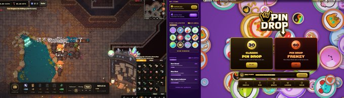 The image is a split-screen showing an isometric RPG game on the left and a "PIN DROP" platform with a "30 KALEIDOS PIN DROP" reward and a "PIN DROP FRENZY" event on the right, supporting the post's message that Web3 gaming is alive and thriving with numerous active games to play.