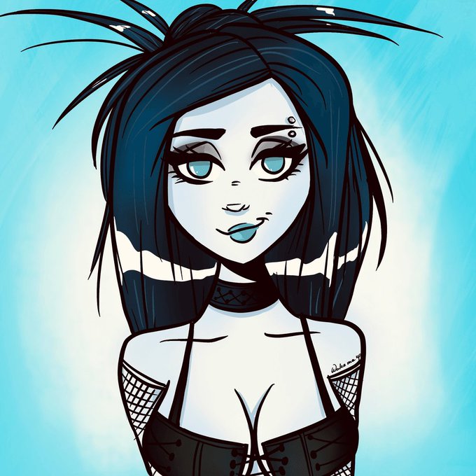 A stylized digital illustration of a pale-skinned female character with long dark teal hair, blue lips, and a black corset-style outfit, set against a cyan background.