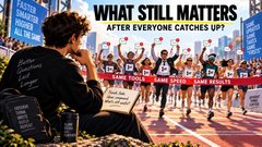A banner with the text "WHAT STILL MATTERS AFTER EVERYONE CATCHES UP?" showing a person holding a sign in the foreground with runners in a race behind them.