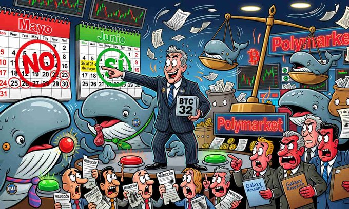 The image features a cartoon scene of a man standing in front of a crowd, giving instructions or making announcements. The crowd consists of several people who appear to be listening attentively to him. In the background, there are two large bulls, one on each side of the room, which adds an interesting visual element to the scene.

The image also includes text that reads "NUEVO: Polymarket resuelve disputa por la venta de Bitcoin de Strategy Polymarket resolvió como no el contrato del 31 de mayo y como sí el del 30 de junio tras una votación de tenedores de UMA". This text seems to be related to the cartoon, possibly indicating that the man is giving instructions or making announcements about Bitcoin and its impact on the market.