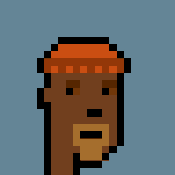 Simple pixel art portrait of a face wearing an orange and red beanie on a solid blue background.