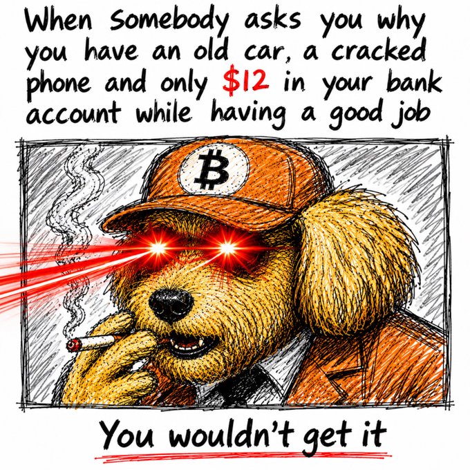 A humorous illustration of a yellow dog wearing an orange Bitcoin cap with glowing red laser eyes and smoking a cigarette, with text reading 'When somebody asks you why you have an old car, a cracked phone and only $12 in your bank account while having a good job' and 'You wouldn't get it' below.