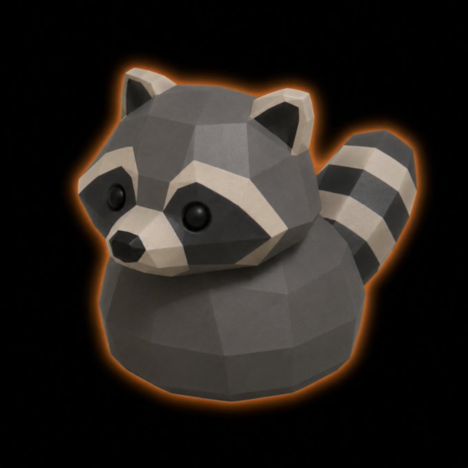 A low-poly 3D papercraft-style raccoon with a striped tail sits against a black background, surrounded by a glowing orange outline.