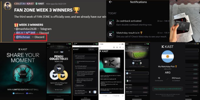 A collage highlighting @Richman as a Discord winner in Week 3 of KAST's Fan Zone, alongside screenshots of the KAST app interface and notifications.