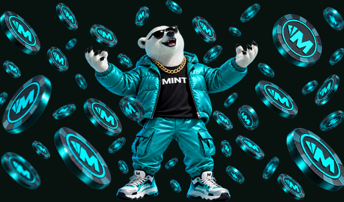 A 3D-rendered bear mascot wearing sunglasses, a teal tracksuit with a 'MINT' shirt, and a gold chain stands surrounded by floating teal coins marked with an 'M'.