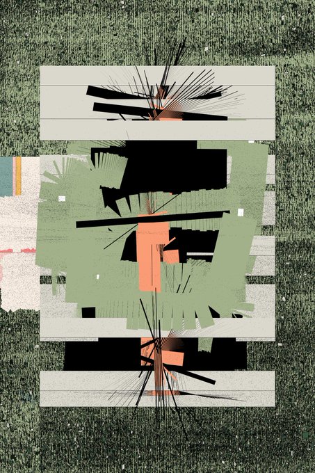 An abstract geometric digital artwork composed of green textured backgrounds, gray rectangular bars, black angular shapes, and orange accents with radiating line bursts.