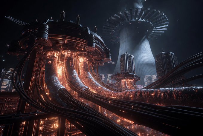 A dark, dystopian sci-fi cityscape featuring a massive cooling tower and industrial structures with glowing orange lights and large pipes or cables.