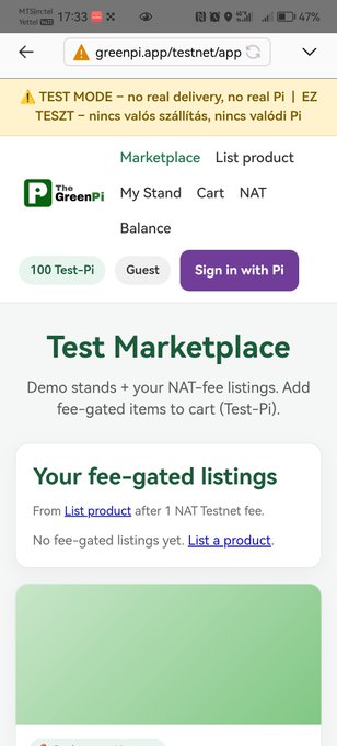 A mobile screenshot of a testnet webpage at greenpi.app/testnet/app showing 'Test Marketplace' for The GreenPi.