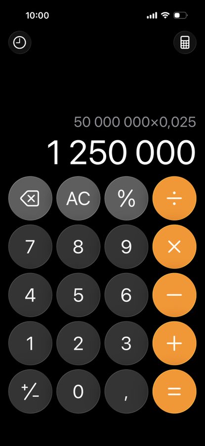 A smartphone calculator app displaying the calculation "50 000 000×0,025" with the result "1 250 000" on a dark mode interface.