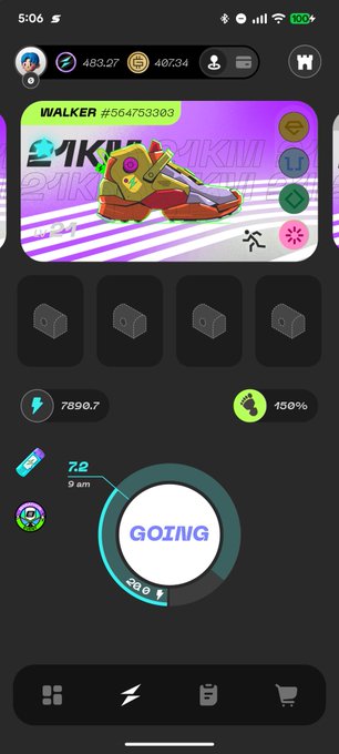 A move-to-earn fitness app screen showing a user with 483.27 energy and 40/34 GMT, leveling up a 'WALKER #564753909' sneaker, with stats of 7890.7 energy, 150% efficiency, and 7.2 km in 'GOING' mode.
