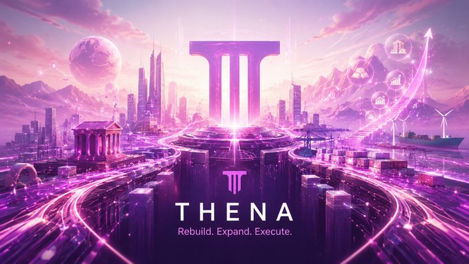 A promotional graphic for "THENA" with the tagline "Rebuild. Expand. Execute." displays a futuristic purple-hued cityscape with a large logo.