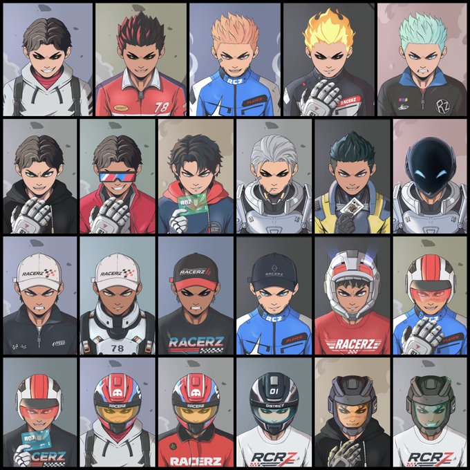 The image features a grid of 24 different racers, each wearing unique helmets with their own distinct designs. The racers are all dressed in racing gear, showcasing various colors and styles. The caption for the image reads "show me your @Racerz_eth below". This suggests that the post is asking viewers to share their favorite racer or provide information about a specific racer featured in the image.