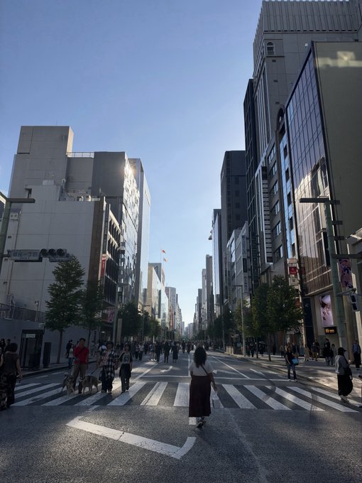 A bustling city street scene with pedestrians crossing at a crosswalk, flanked by modern high-rise buildings under a clear blue sky. A woman in a long skirt walks away from the camera toward the busy street.