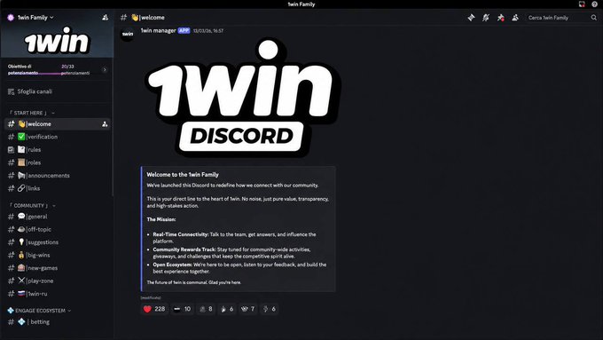 The image shows a computer screen displaying a chat window with the text "1win Discord" at the top of the screen. The chat window has a message from the "Winners Family", which includes information about a new server called "1win". There are also several other messages and options displayed on the chat window, suggesting that it is actively engaged in community activity or discussions related to the "1win Discord" server.
