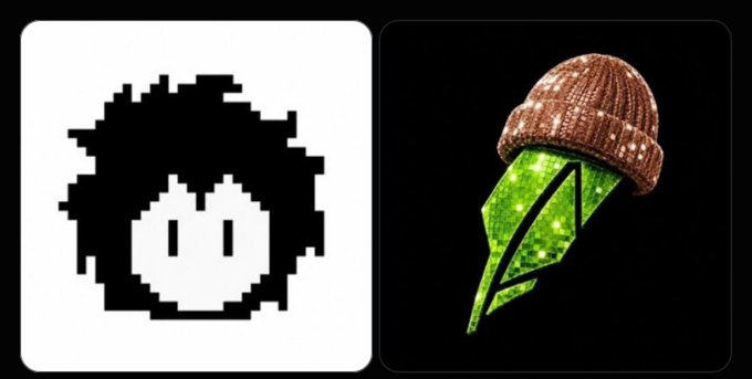Two icons side by side: a pixelated black-and-white face on the left and a green lightning bolt wearing a brown knitted beanie on the right.