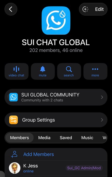 A Telegram group interface for 'SUI CHAT GLOBAL' showing 202 members and 46 online, with options for video chat, mute, search, and a member 'K Jess' marked as Admin/Mod.