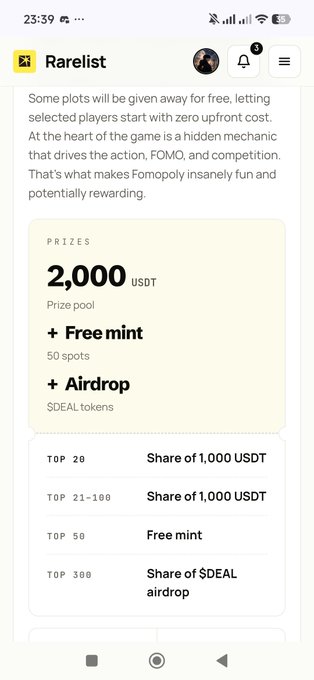 A Rarelist page describes a FOMO game giveaway with a 2,000 USDT prize pool, free mint, airdrop, and ranked rewards.