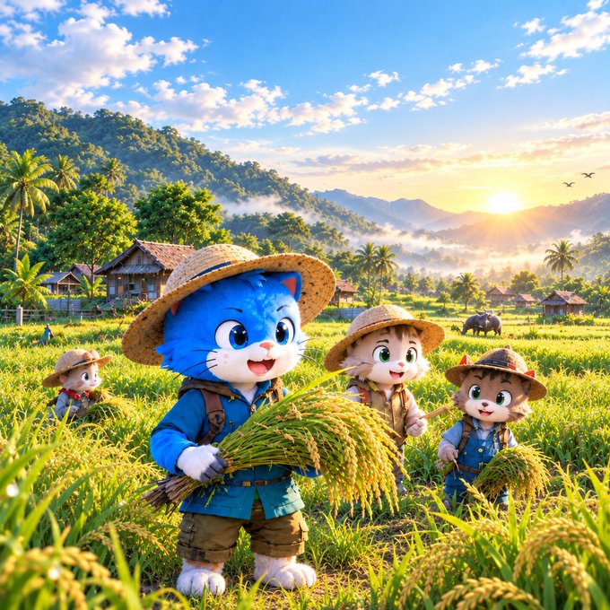 A vibrant cartoon illustration depicts cute anthropomorphic cats and characters wearing straw conical hats harvesting rice in a lush green field at sunset, with mountains, palm trees, and village huts in the background.