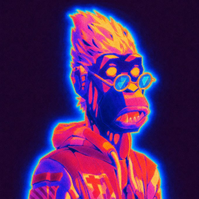 A vibrant, stylized digital illustration of a monkey/ape character with spiky hair wearing round goggles, rendered in neon pink, orange, and blue colors with a glowing blue aura against a dark background.