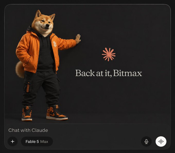 A stylized anthropomorphic Shiba Inu wearing an orange jacket and black outfit stands against a dark background next to the text "Back at it, Bitmax" and a starburst logo. The image relaunches the Bitmax/Floki brand with a "Chat with Claude" interface at the bottom, supporting the post's message about the $DOG token community returning to build new product or service ideas together.