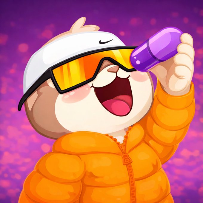 Cartoon illustration of a cat-like character wearing sunglasses and an orange puffer jacket, holding a purple popsicle.
