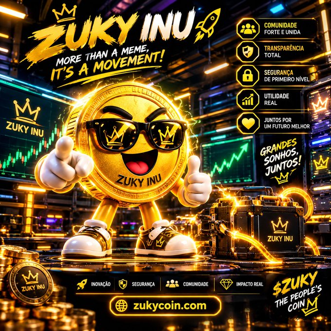 Promotional artwork for the cryptocurrency 'ZUKY INU' featuring an anthropomorphic gold coin character wearing sunglasses and sneakers, alongside marketing text in Portuguese including 'MORE THAN A MEME, IT'S A MOVEMENT!' and website zukycoin.com.