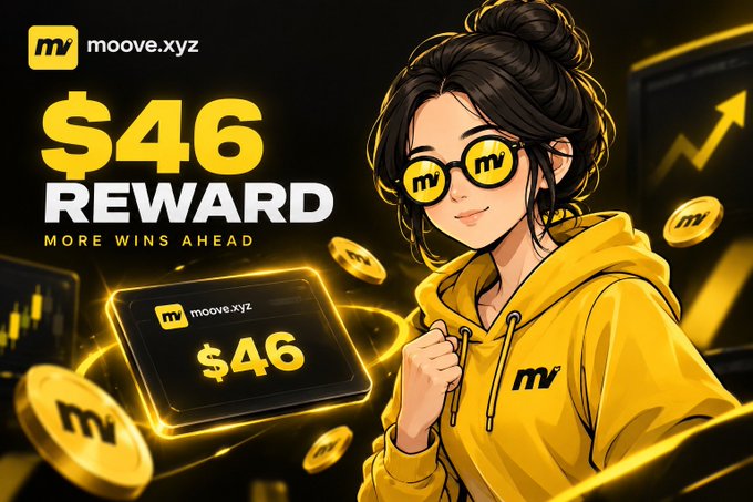 A promotional graphic for 'moove.xyz' advertising a '$46 REWARD - MORE WINS AHEAD' featuring an anime-style girl with glasses and a yellow hoodie, alongside a moove card and floating gold tokens.