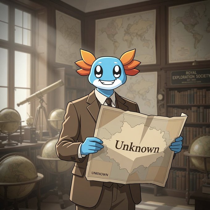 The image features a cheerful axolotl mascot in a brown suit standing in a vintage cartographer's study filled with globes, telescopes, and maps, proudly displaying a map labeled "Unknown" with "UNKNOWN" also written below it. 

**Connection to the post:** The "Unknown" map symbolizes exploring uncharted territory—fitting the post's optimistic sentiment about starting a fresh week and the unknown possibilities of "winning again," evoking a spirit of discovery and adventure for the week ahead.