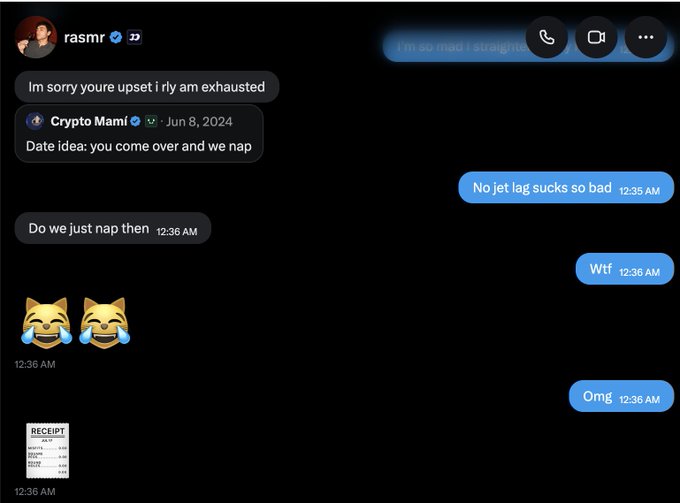 A Twitter/X DM conversation between 'rasmr' and 'Crypto Mami' discussing a date idea ('you come over and we nap') and jet lag, with laughing emojis and a receipt screenshot shared.