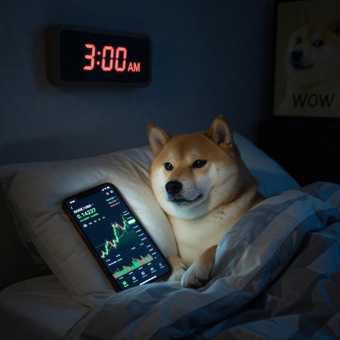 A Shiba Inu lies tucked in bed at 3:00 AM with a phone displaying a stock chart showing DOGE/USDT, embodying the "3am club" lifestyle of trading while the rest of the world sleeps.
