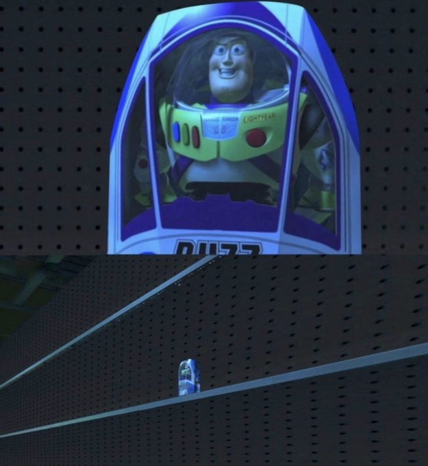 Two views of Buzz Lightyear from Toy Story displayed on packaging - top showing close-up of the character inside the space suit helmet, bottom showing the box on a store shelf.