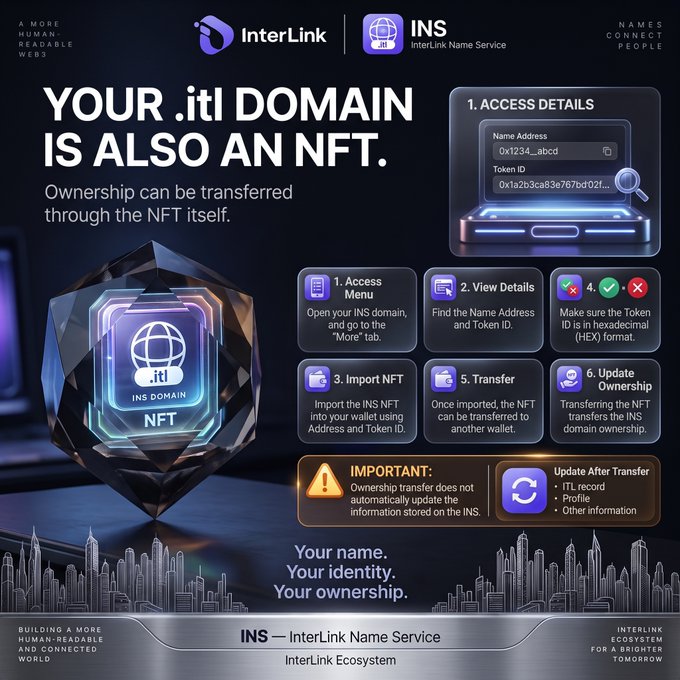 An InterLink Name Service (INS) infographic explaining that '.itl DOMAINS ARE ALSO AN NFT', showing steps for Access Menu, View Details, Import NFT, Transfer, and Update Ownership.