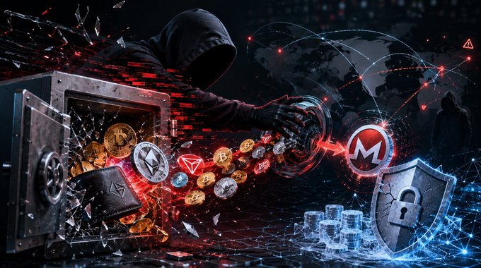 A dramatic illustration depicting a hooded hacker reaching into an open safe, surrounded by digital currency symbols including Bitcoin, Ethereum, and Monero (M), with a security shield and padlock representing crypto security threats.