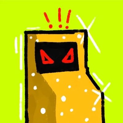A digital illustration of a yellow robot-like character with red triangular eyes on a black screen, set against a bright lime green background with white sparkle marks.