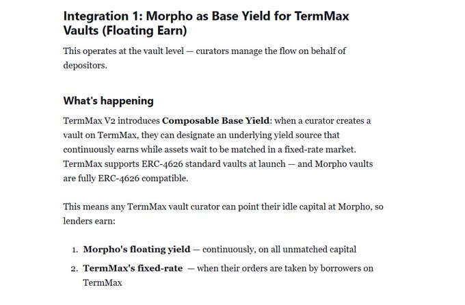 The image shows a white background with black text that reads "Integration 1: Morpho as Base Yield for TermMax Vaulting Earm." The text also includes information about the integration of the TermMax Vaulting Earm, which is designed to manage leveraged debt positions across multiple on chain borrow desks. 

The image does not contain any other objects or actions besides the text and the white background.