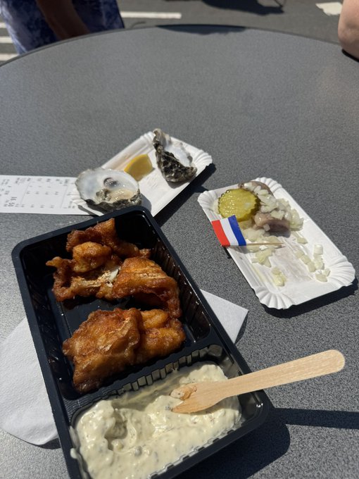 An outdoor table displaying a takeout meal featuring fried fish and tartar sauce in a black container, accompanied by paper trays of raw oysters and sashimi decorated with a small Dutch flag, suggesting a meal in the Netherlands.