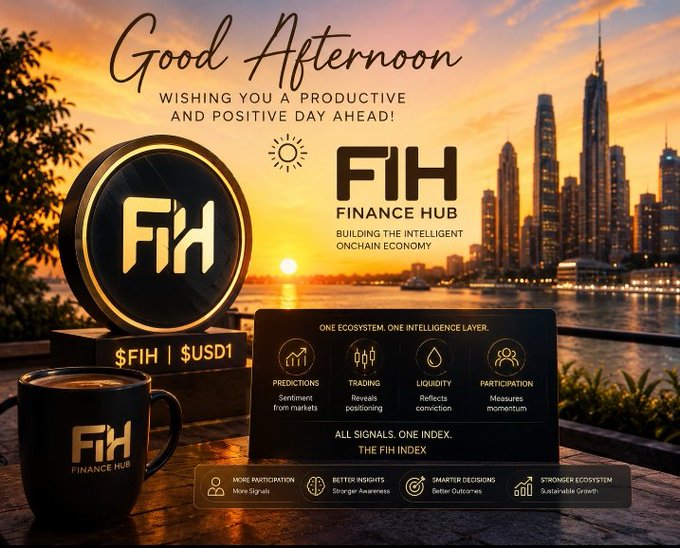 The image features a city skyline at sunset with the text "Good Afternoon" written above it, along with an advertisement for a cryptocurrency calledFIH. The advertisement includes a black mug and a book titled "FIH" as well as a sign that says "Good afternoon". The background of the image is filled with buildings, suggesting that the city is located near a water body or waterfront.