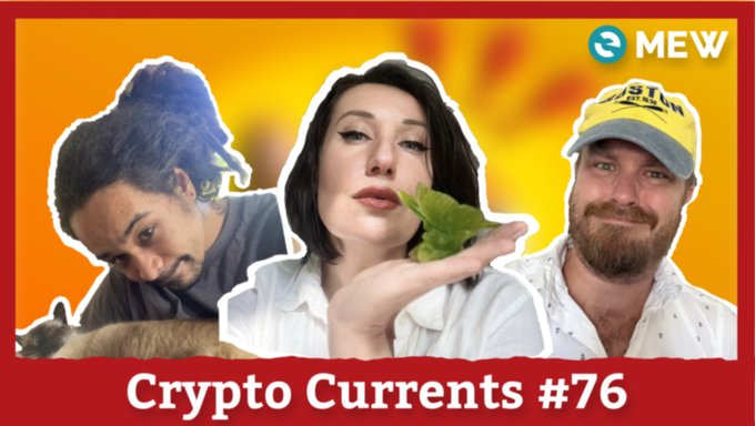 The image is a YouTube thumbnail for "Crypto Currents #76" featuring three people against an orange and yellow background, with a woman in the center holding a green cat toy, flanked by a man with a dog on the left and a bearded man in a yellow hat on the right, with the "MEW" logo visible in the top corner—promoting the episode that covers the BonkDAO $20M exploit and Coinbase's data timeline mishap.