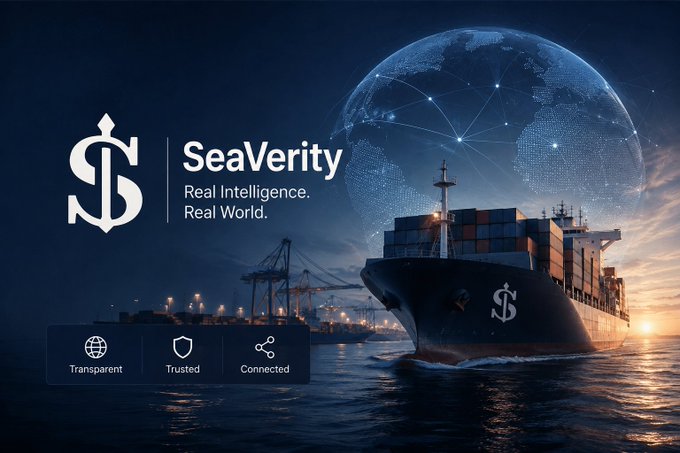 A promotional banner for 'SeaVerity - Real Intelligence. Real World.' featuring a large container ship and a digital globe, highlighting Transparent, Trusted, and Connected services.